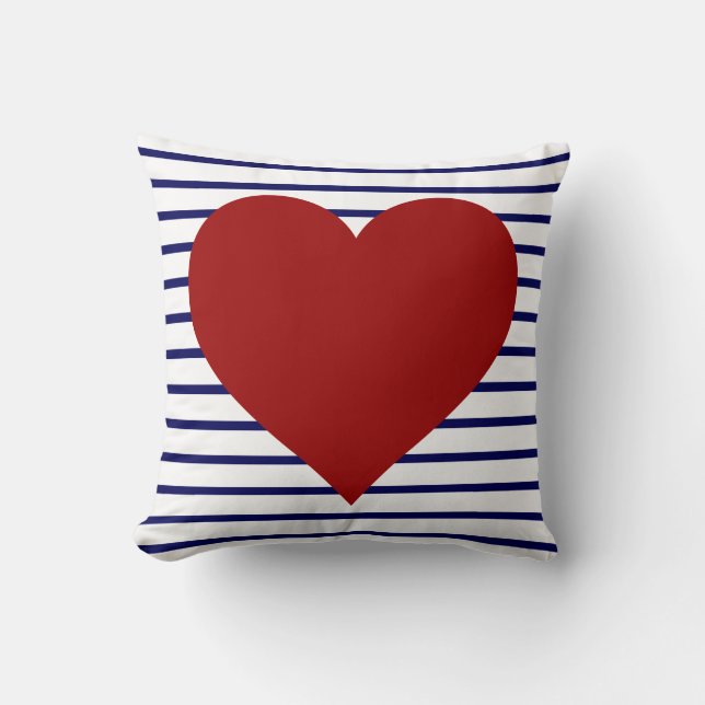 Coussin Rayures de bleu marine sur le blanc avec le coeur (Recto)