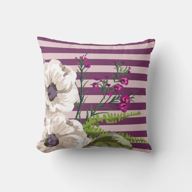 Coussin Rayures de prune de fleurs blanches (Recto)