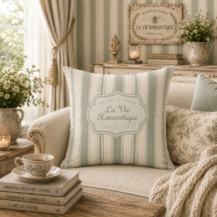 Coussin Rayures de Sauge Subtile de Style Campagnard Franç
