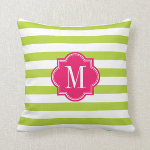 Coussin Rayures de vert de chaux avec le monogramme de