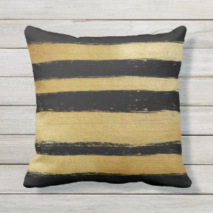 Coussin Rayures modernes de traçages d'or de feuille noire