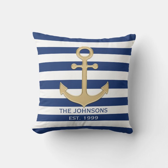 Coussin Rayures nautiques de blanc d'Ancre d'or de bleu (Recto)