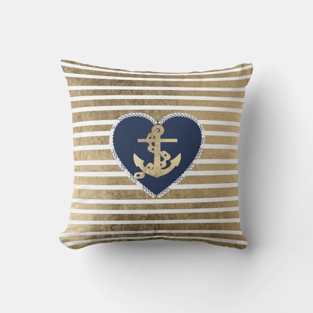 Coussin Rayures nautiques de faux d'or d'ancre moderne de (Recto)
