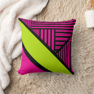 Coussin Rayures triangulaires en vert citron, rose vif et