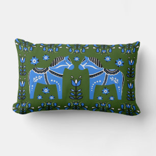 Coussin Rectangle 2 Dala folklorique Cheval/Folk floral, blanc/vert/