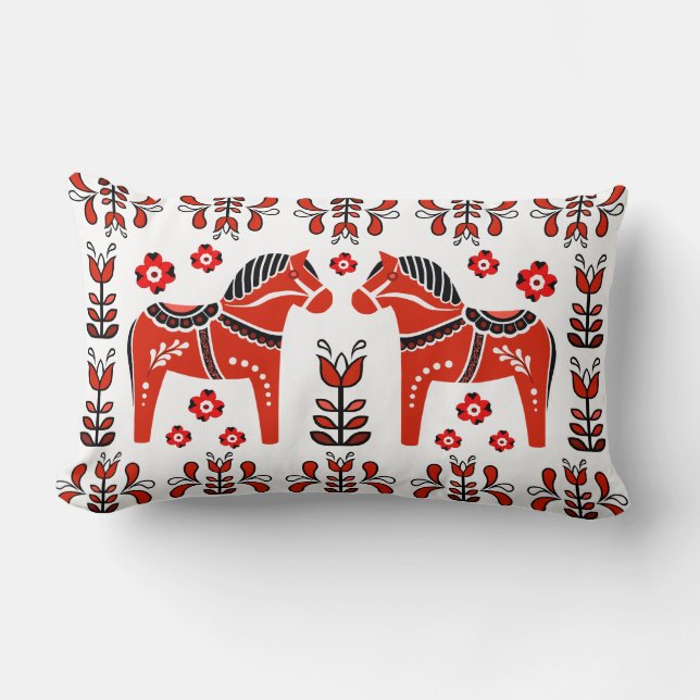 Coussin Rectangle 2 folk Dala Horse/folk floral, blanc/rouge (Recto)