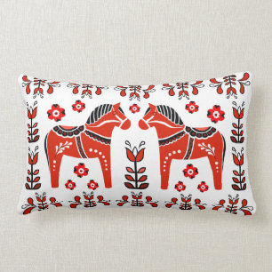 Coussin Rectangle 2 folk Dala Horse/folk floral, blanc/rouge