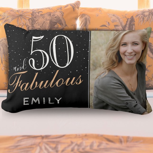 Coussin Rectangle 50 et fabuleux Elegant Black 50th Birthday Photo (Créateur téléchargé)
