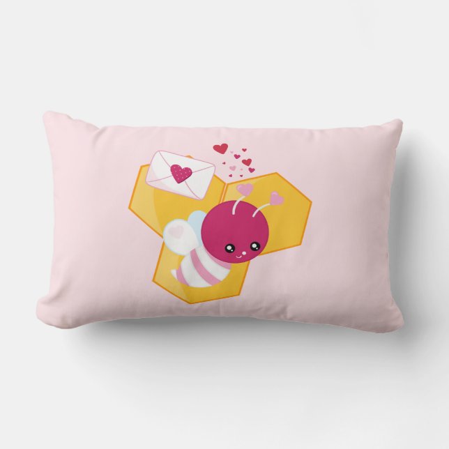 Coussin Rectangle Abeille mignonne aux Coeurs de Saint-Valentin rose (Recto)