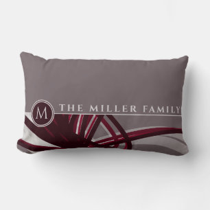 Coussin Rectangle Abstrait gris et bordeaux Monogramme Nom de fa