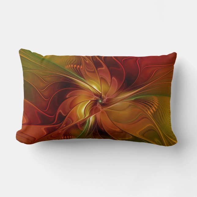 Coussin Rectangle Abstrait Rouge Orange Brown Vert Fractal Art Flowe (Recto)