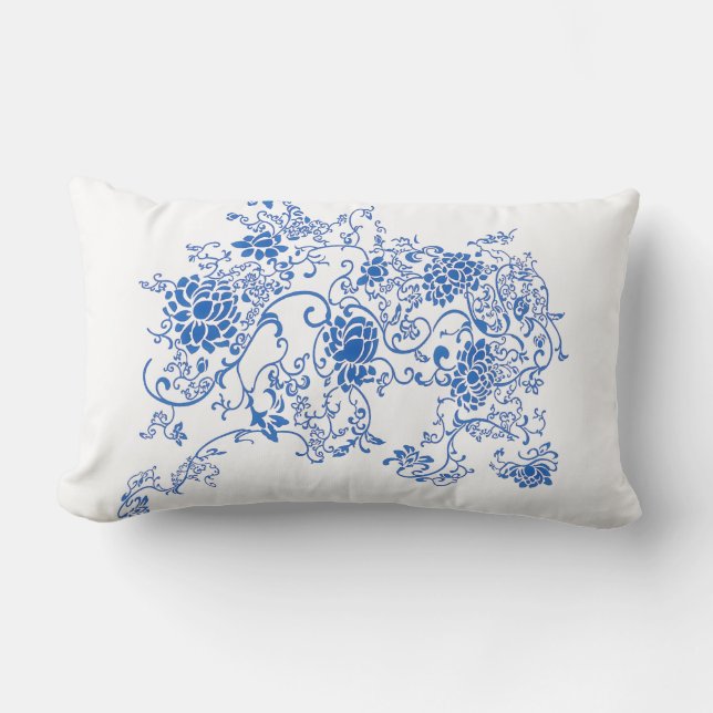 Coussin Rectangle Accent oriental bleu et porcelaine blanche florale (Recto)