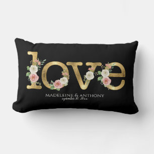 Coussin Rectangle Aimer Mariage Aquarelle Floral Noir Noms Or