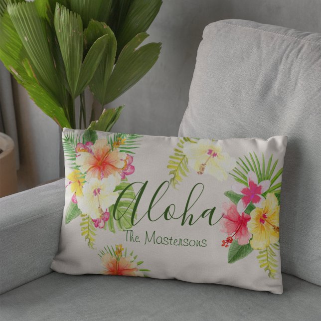 Coussin Rectangle Aloha Hawaiian Tropical Floral Aquarelle (Créateur téléchargé)