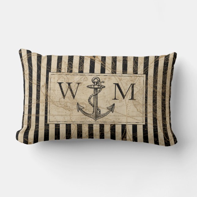 Coussin Rectangle Ancien Monde Carte Ancre nautique Monogramme (Recto)