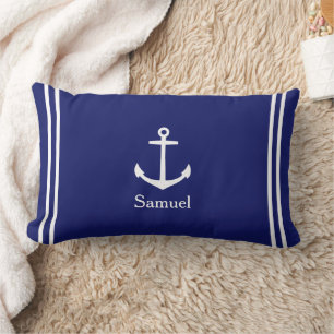 Coussin Rectangle Ancre blanche sur bleu marine Personnalisé
