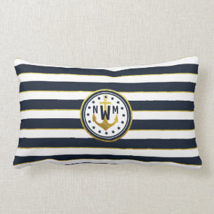 Coussin Rectangle Ancre nautique en marine et en or