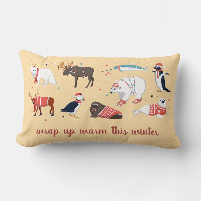 Coussin Rectangle Animaux d'hiver bien au chaud Folk Art Noël (Recto)