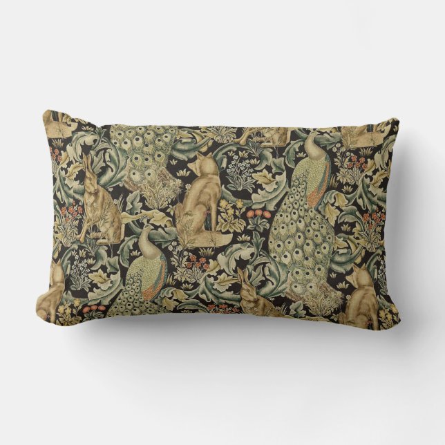 COUSSIN RECTANGLE ANIMAUX FORESTIERS, FOX, PEACOCK, LIT EN FLORAL VE (Recto)