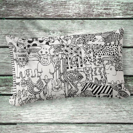 Coussin Rectangle Animaux sauvages noirs et blancs, dessin à la main