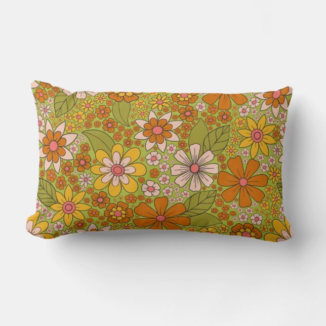 Coussin Rectangle Années 1960, 1970 Vert & Orange Retro Floral (Recto)