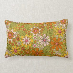 Coussin Rectangle Années 1960, 1970 Vert & Orange Retro Floral