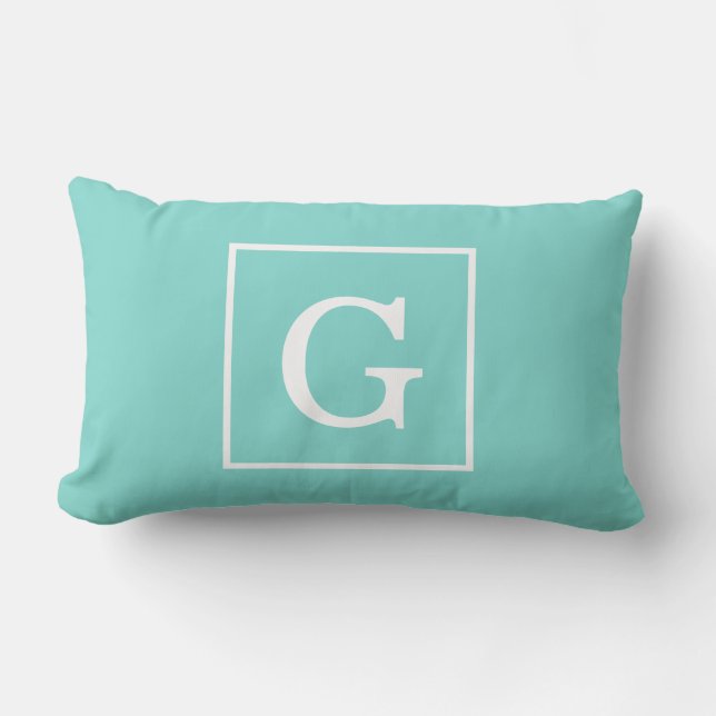 Coussin Rectangle Aqua Turquoise White Framed Initial Monogram (Recto)