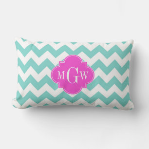 Coussin Rectangle Aqua White Chevron Hot Pink Quatrefoil 3 monogram