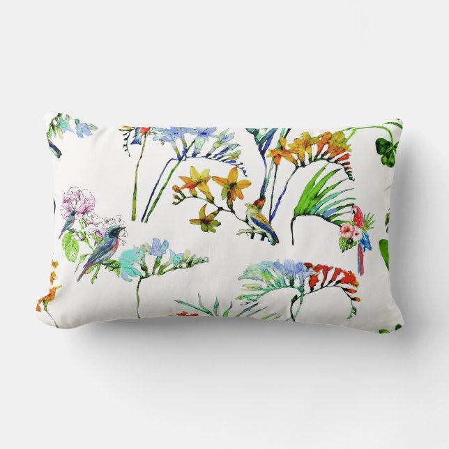 Coussin Rectangle Aquarelle de l'île tropicale Fleurs et oiseaux (Recto)