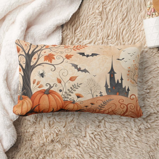Coussin Rectangle aquarelle halloween maison de chasse avec citrouil (Créateur téléchargé)