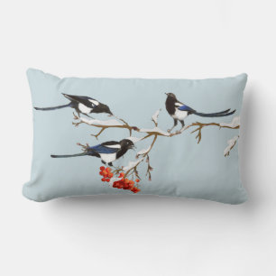 Coussin Rectangle Aquarelle Noël Holly Magpie Oiseau Nature Art