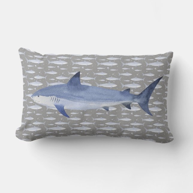 Coussin Rectangle Aquarelle noir et bleu Monogramme Requin Imprimer (Recto)