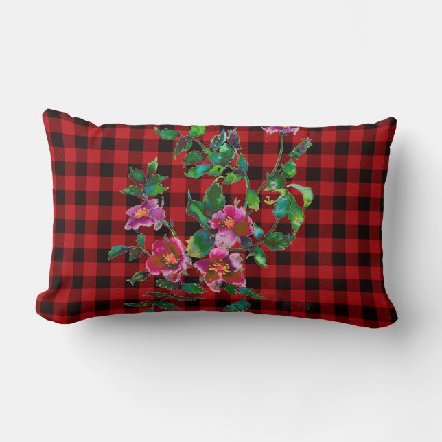 Coussin Rectangle Aquarelle noire rouge classique motif plaid (Recto)