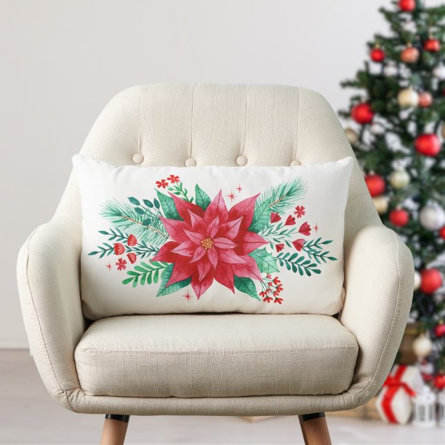 Coussin Rectangle Aquarelle Rouge Fleur de Noël (Watercolor Christmas Poinsettia Flower Lumbar Pillow)