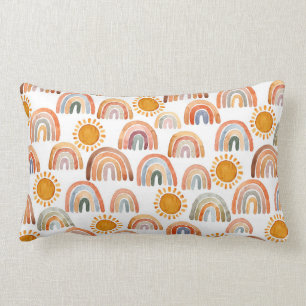 Coussin Rectangle Aquarelle Whimsical Boho Rainbow et Sun Kids