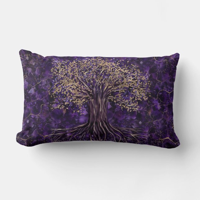 Coussin Rectangle Arbre de la vie - améthyste et or de Yggdrasil (Recto)