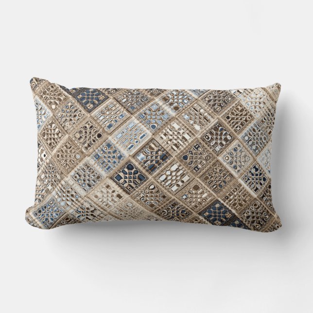 Coussin Rectangle Ardoise Bleu Brown Sari mosaïque Motif Art (Recto)