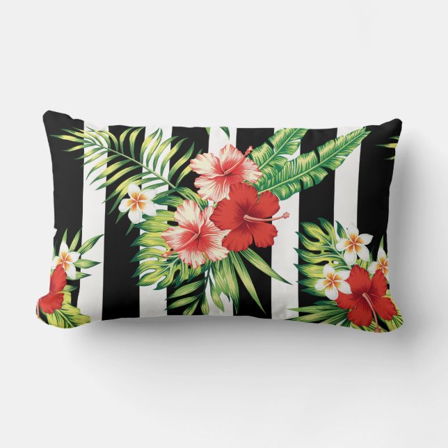Coussin Rectangle Arrière - plan Hibiscus & Black & White Stripes (Recto)