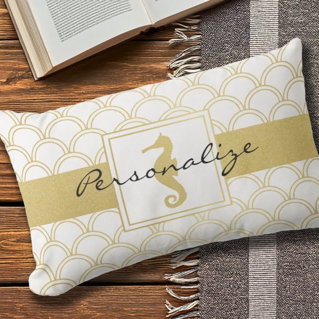 Coussin Rectangle Art Déco Wave Gold Parties scintillant Seahorse (Créateur téléchargé)