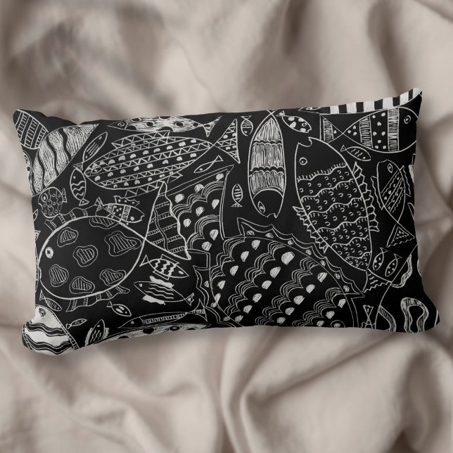 Coussin Rectangle Art Moderne Motif de poisson noir et blanc (Créateur téléchargé)