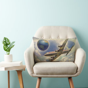 Coussin Rectangle Avion Ancien Volant Autour du Monde dans les Nuage