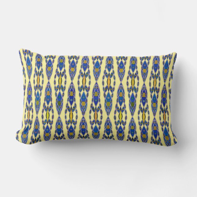 Coussin Rectangle Batik tribal - Acier bleu, gris et jaune (Recto)