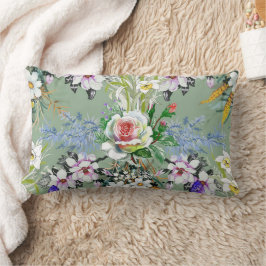 Coussin Rectangle Beau motif floral Rose Fleur sauvage vert