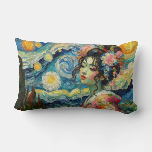 Coussin Rectangle Beauté orientale Maiko Geisha Van Gogh mashup (Verso)
