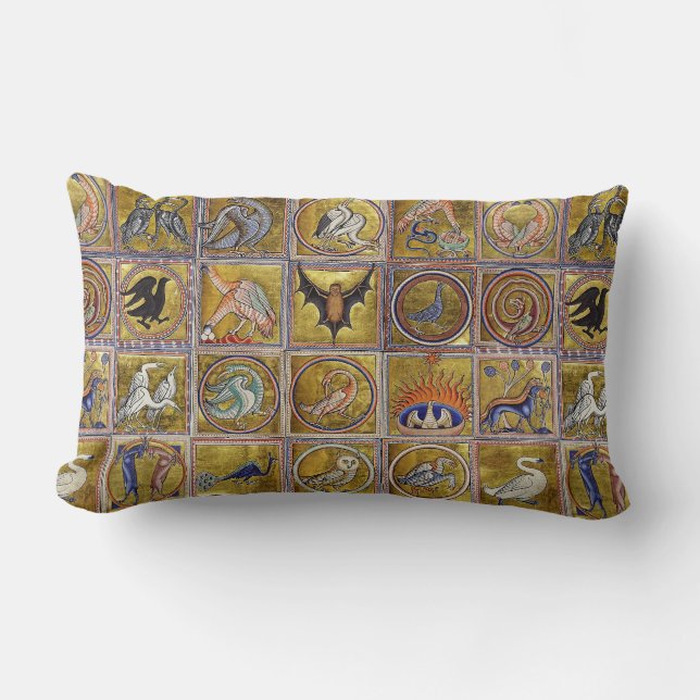 COUSSIN RECTANGLE BESTIAIRE MÉDIÉVAL, ANIMAUX FANTASTIQUES, ROUGE D' (Recto)