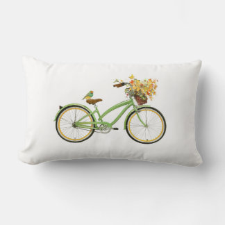 Coussin Rectangle Bicycle With Bird and Flower Basket Green Yellow