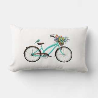 Coussin Rectangle Bicycle With Bird and Flower Basket Turquoise Blue