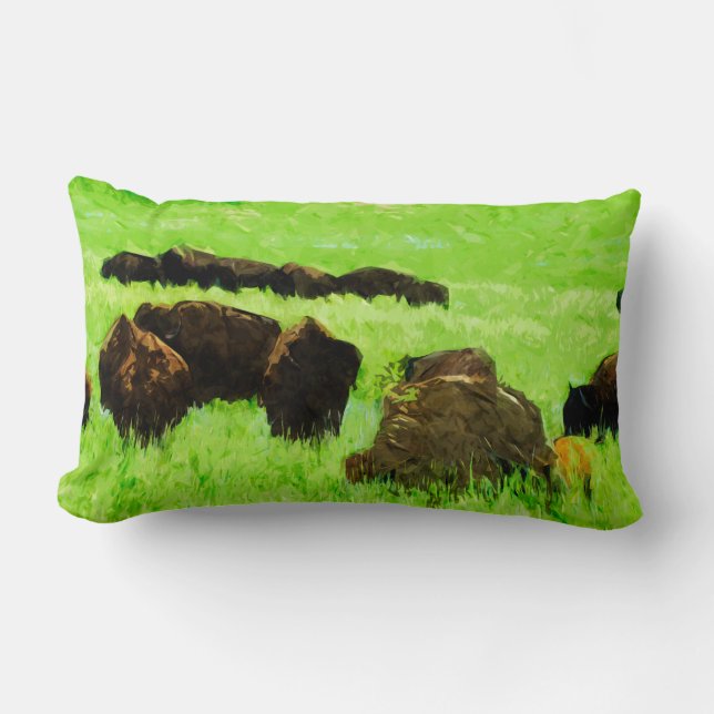 Coussin Rectangle Bison Américain Avec Jeune Impressionnisme Abstrai (Recto)