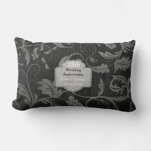 Coussin Rectangle Black and Silver Damask 25e anniversaire de Mariag