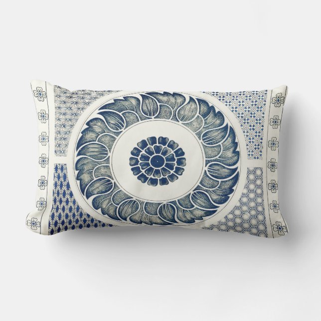 Coussin Rectangle Blanc bleu Floral chinois rond (Recto)